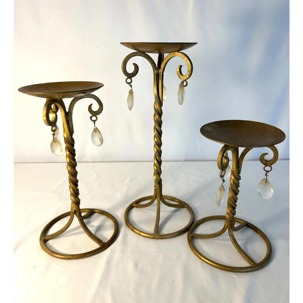 Vintage Shabby Chic Metal Crystal Votive Candle Holders Set of 3 Boho Decor